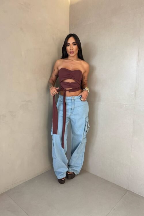 Cropped Poliamida Tomara Que Caia Amarração Marrom