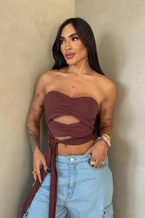 Cropped Poliamida Tomara Que Caia Amarração Marrom