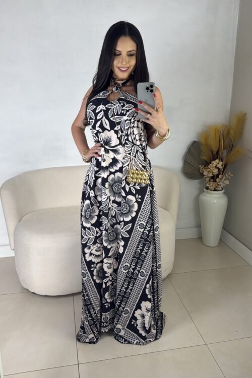 Vestido Longo Estampado Flower Branco com Preto