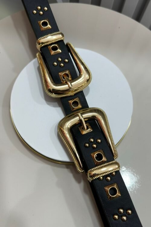 Cinto 2 Fivelas Detalhes Quadrados Fivela Lisa Dourada