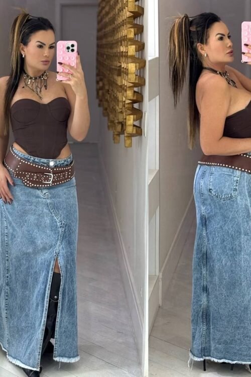 Saia Longa Melinda Jeans Com Fenda