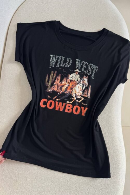 T-shirts Country Com Aplicação Cowboy Preto