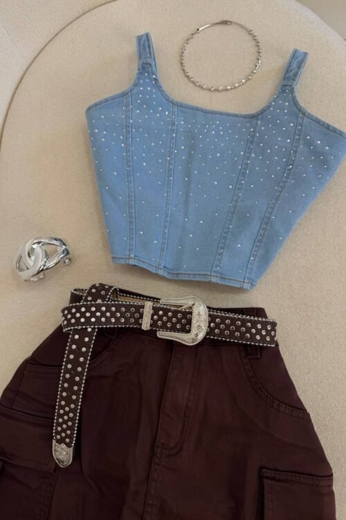 Saia Jeans Cargo Bolsos Marrom