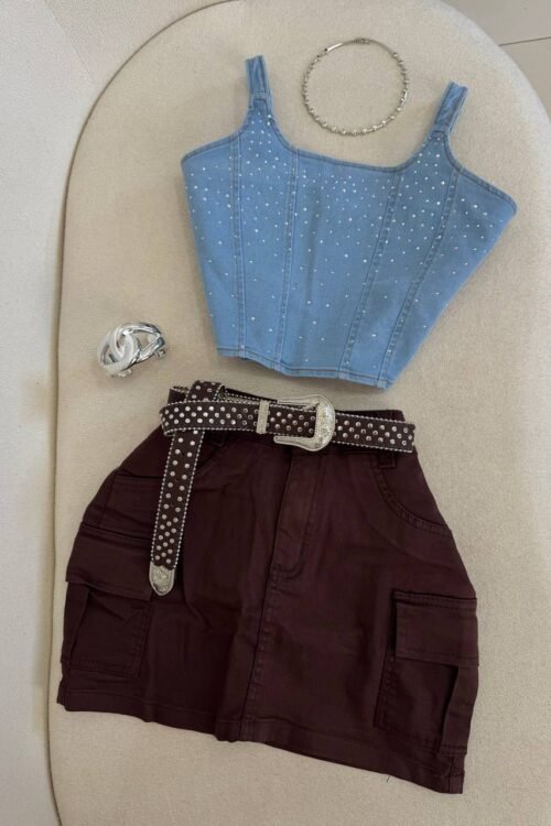 Saia Jeans Cargo Bolsos Marrom