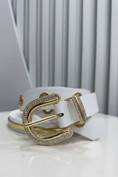 Cinto Branco Ilhós e Fivela Strass Dourado