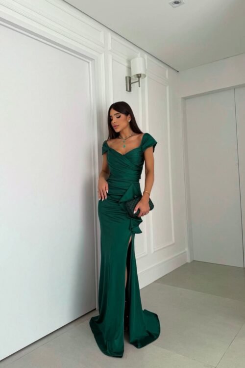 Vestido de Festa Longo Ombro a Ombro Detalhe na Cintura Acetinado Premium Verde Esmeralda