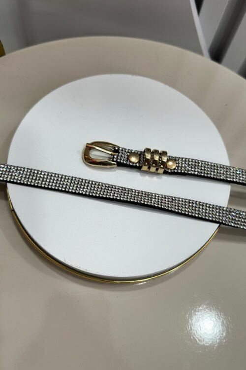 Cinto Faixa Strass Prata Fivela Dourada