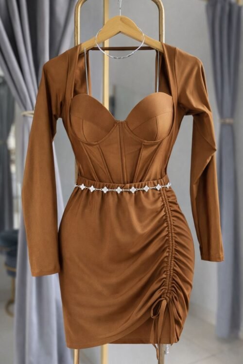 Conjunto Corset Alexia Acetinado Marrom