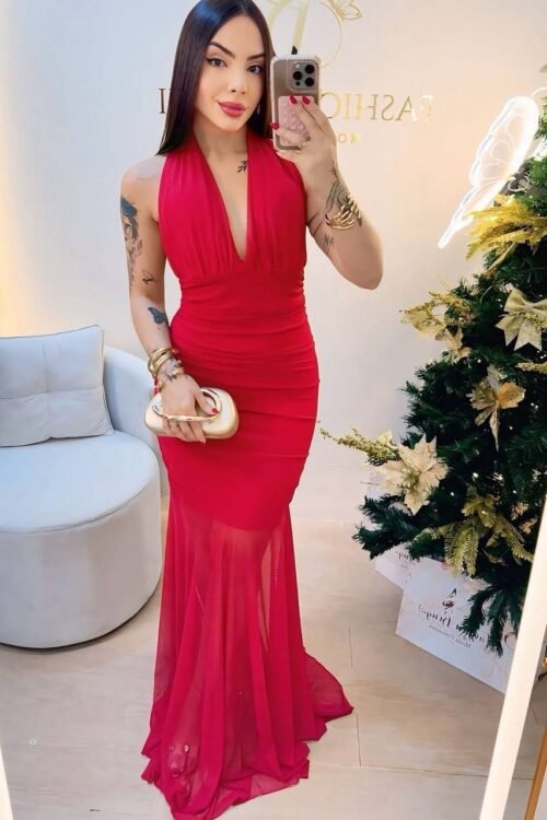 Vestido Longo Tule Aurora Vermelho