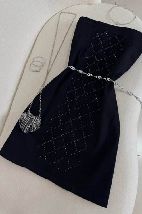 Vestido Tomara que Caia Jeans Strass Preto