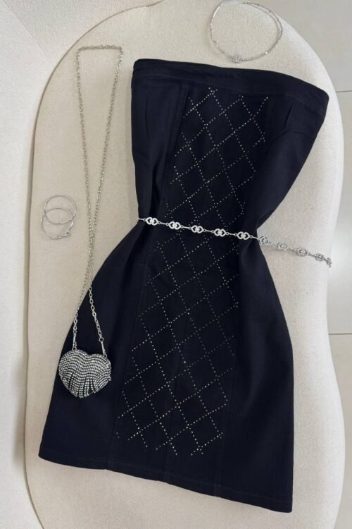 Vestido Tomara que Caia Jeans Strass Preto