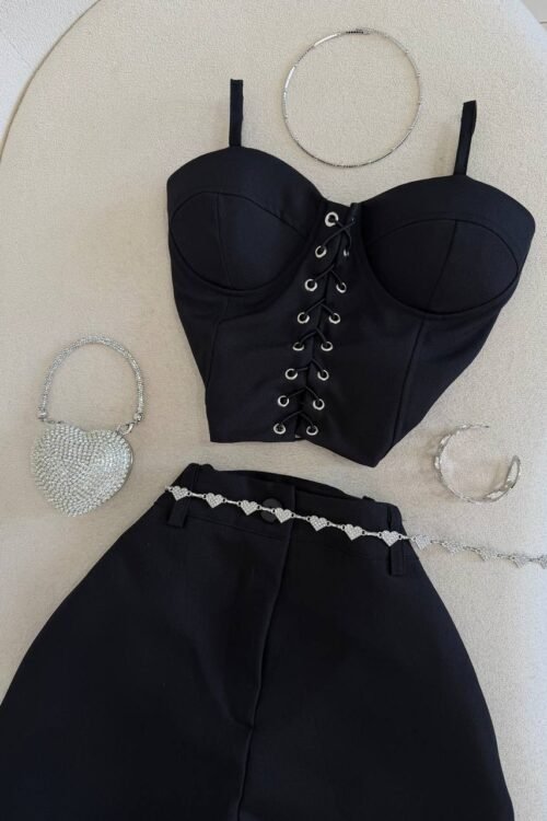 Conjunto Alfaiataria Corset + Saia/shorts Valen Preto