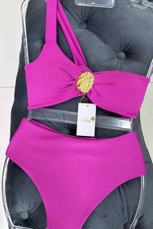 Biquíni Hot Pants Cos Alto Manga Única Fúcsia