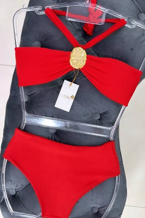 Biquíni Hot Pants Cos Alto Fivela Dourada Orgânica Vermelho