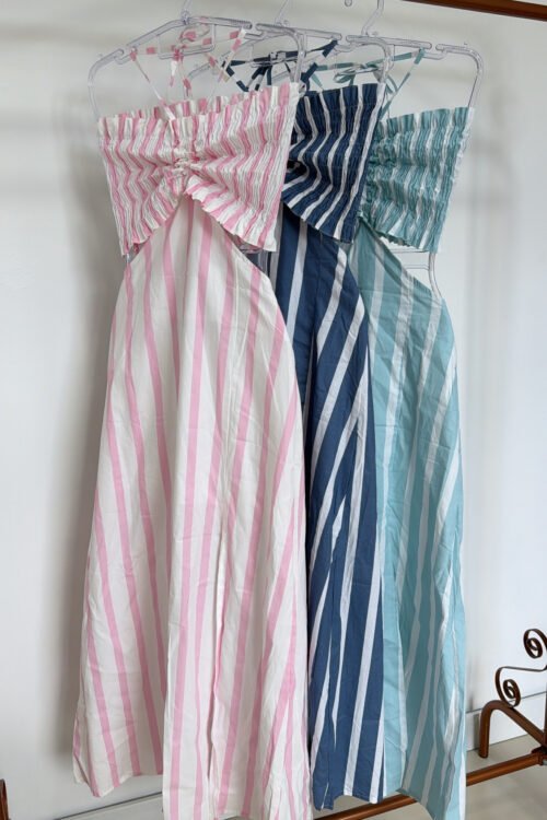 Vestido Longo Listrado com Lastex no Busto