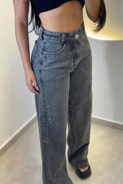 Calça Jeans Sensação Wide Leg Grafite com Strass