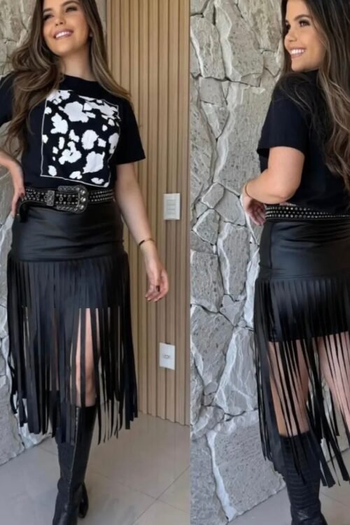 Saia Courino com Franjas Country Preta
