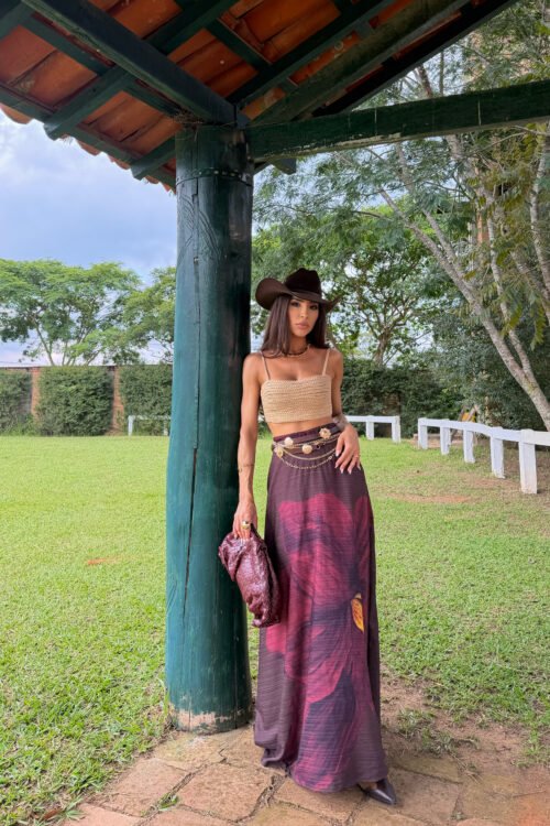 Conjunto Flora Bella - Top Artesanal e Saia Longa Estampada