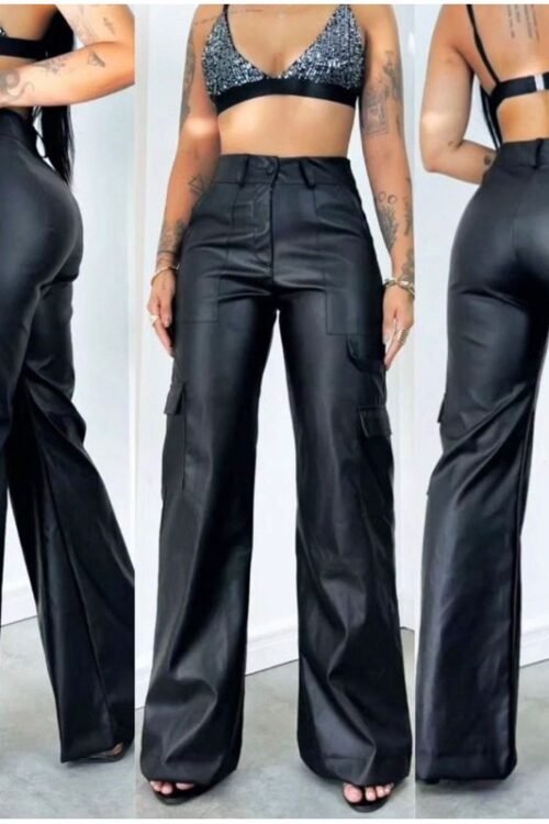 Calça Wide Leg Courino Cargo Preta