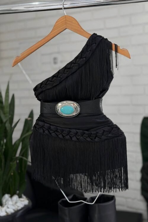 Cropped de Franjas Acetinado Preto