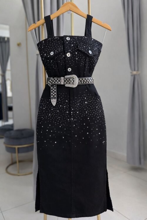 Conjunto Jeans Mid Preto com Strass