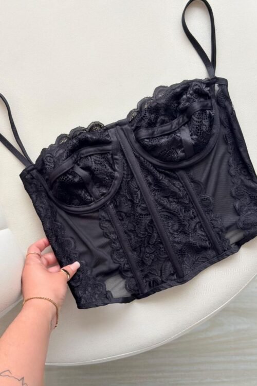 Cropped Corset de Renda com Tule