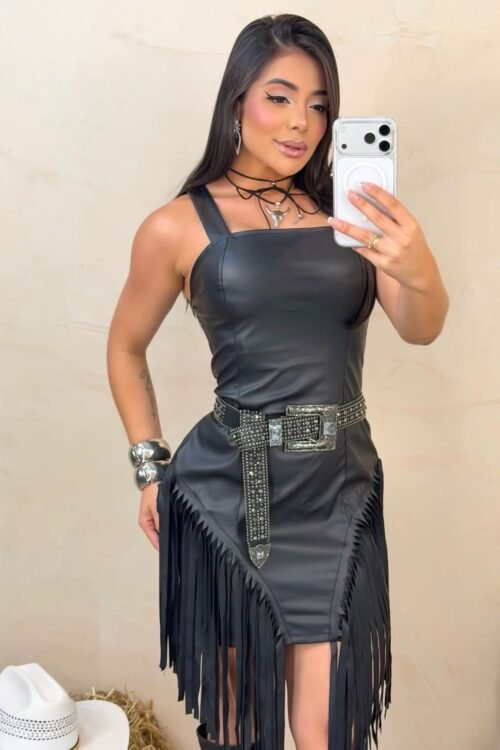 Vestido Courino com Franjas Fran Preto