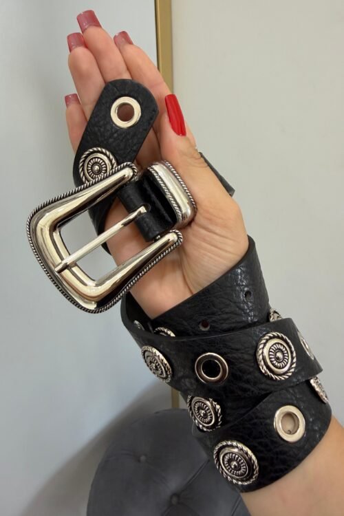 Cinto Preto Fivela Prata Círculos