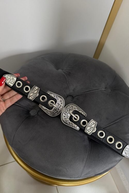 Cinto 2 Fivelas Prata Olhos Elástico Preto