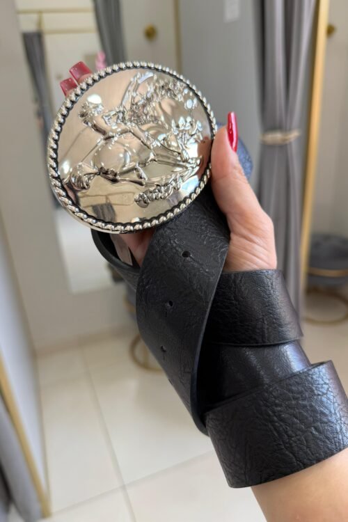 Cinto Preto Country Fivela Grande Oval Prata