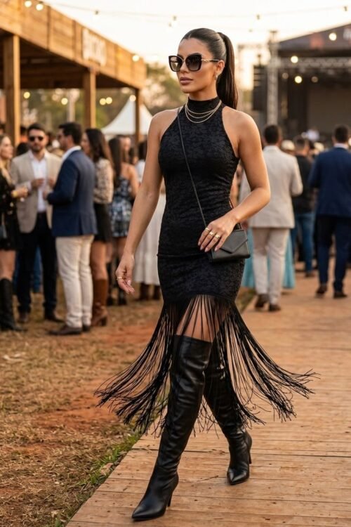 Vestido Mid Franjas Rendado