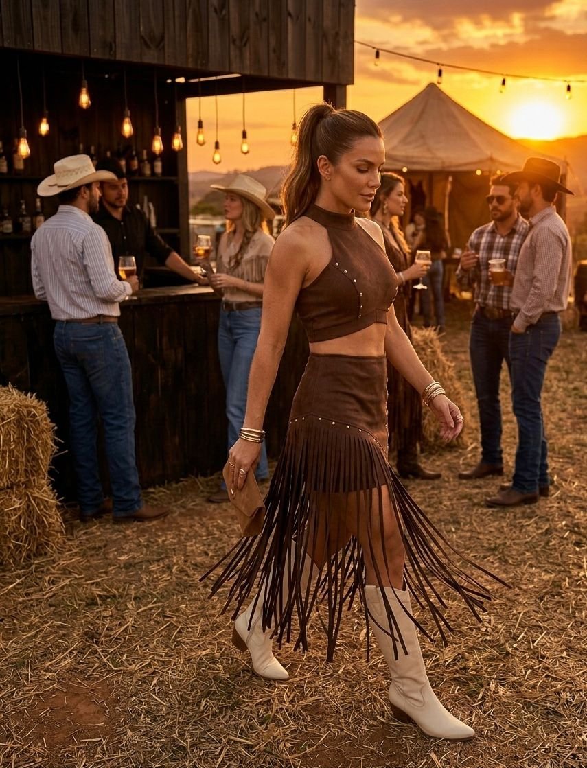 Conjunto Marrom Suede Franjas com Aplicações