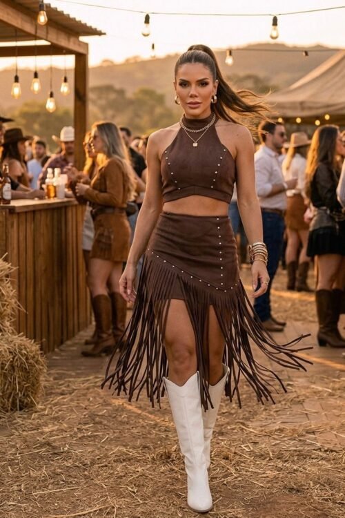 Conjunto Marrom Suede Franjas com Aplicações