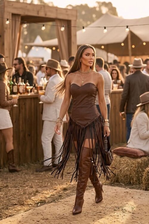 Vestido Courino Franjas Marrom com Aplicação Tomara que Caia