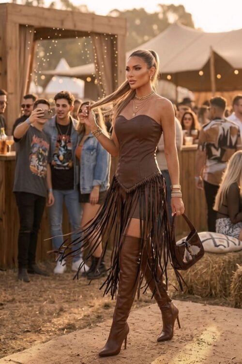 Vestido Courino Franjas Marrom com Aplicação Tomara que Caia