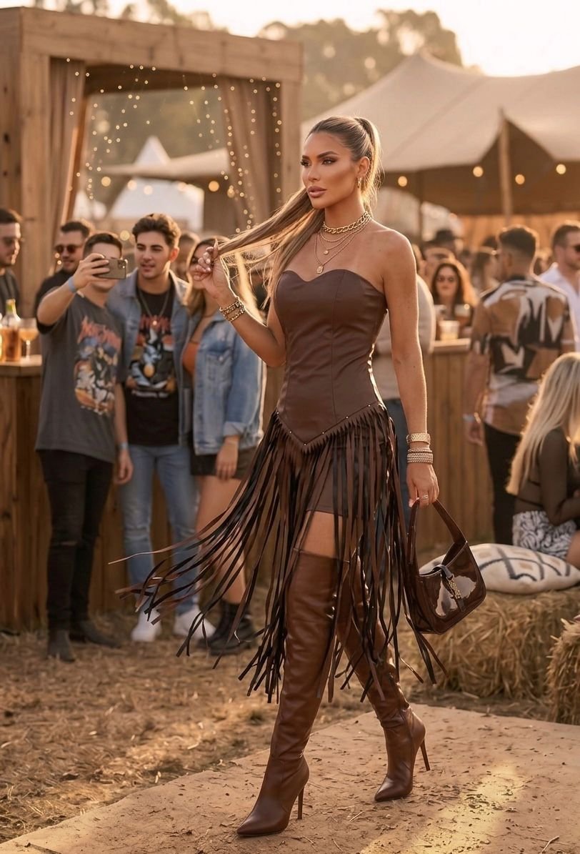 Vestido Courino Franjas Marrom com Aplicação Tomara que Caia