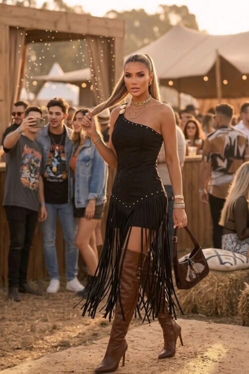 Vestido Preto Franjas Alça Única com Detalhes Dourado