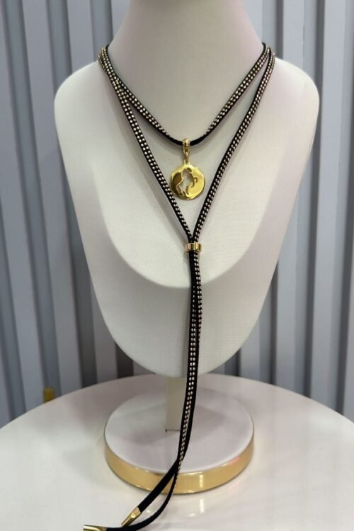 Colar Choker Gravatinha Country Preto Cavalinho Dourado