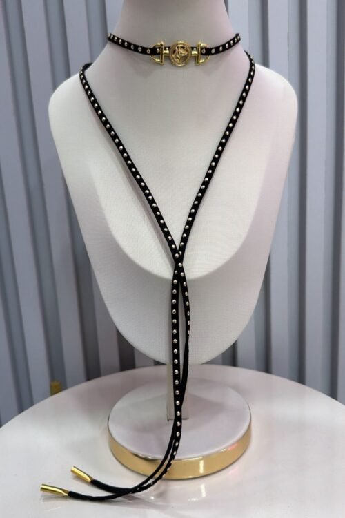 Colar Choker Gravatinha Country Preto Melada Cavalo Dourado