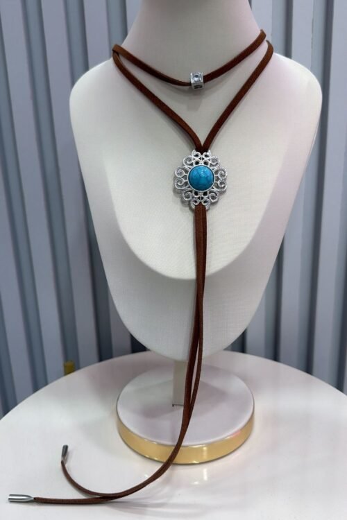 Colar Choker Gravatinha Country Turquesa