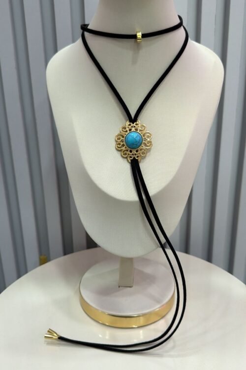 Colar Choker Gravatinha Country Turquesa