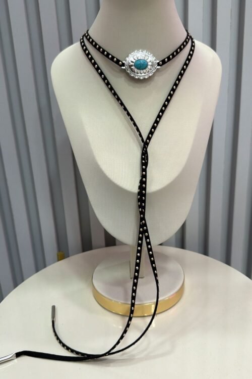 Colar Choker Gravatinha Country Flor Turquesa