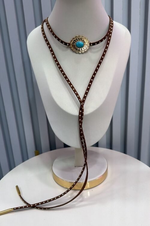 Colar Choker Gravatinha Country Flor Turquesa