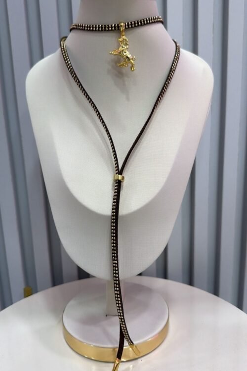 Colar Choker Gravatinha Country Cavalo Dourado