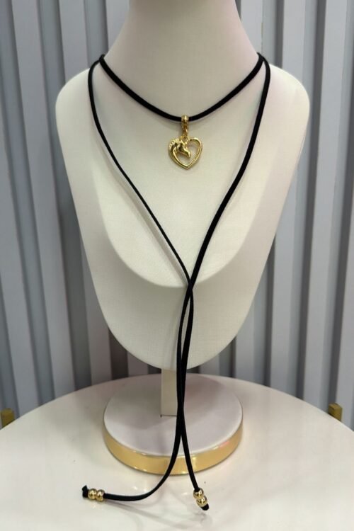 Colar Choker Gravatinha Country Cavalo Coração Dourado