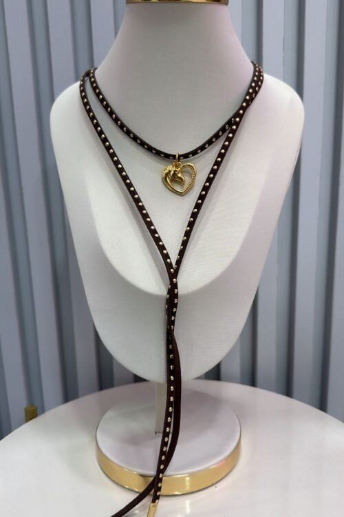 Colar Choker Gravatinha Country Cavalo Coração Dourado