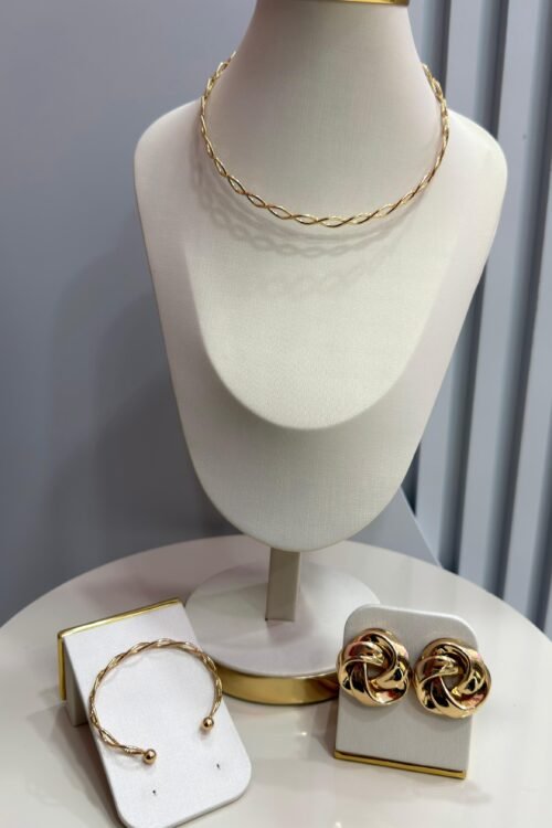 Conjunto de Brinco Nozinho + Colar + Bracelete Trançado