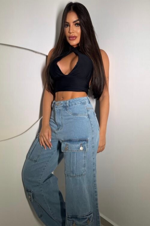 Calça Jeans Wide Leg Sensação Bolsos Frontais