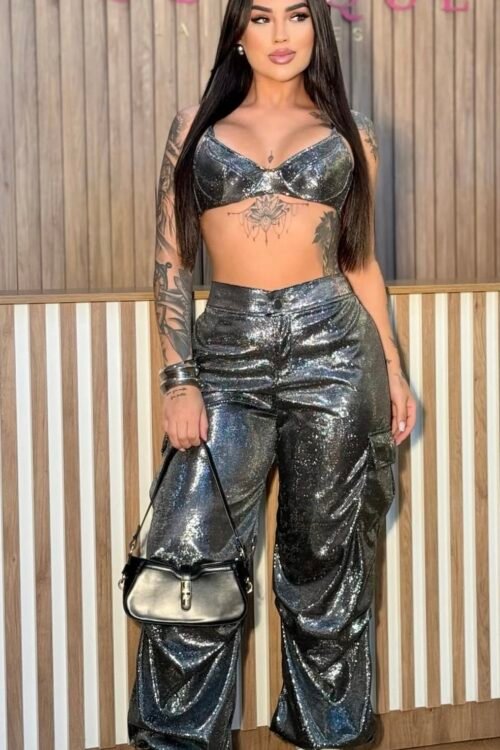 Calça Metalizada Cargo Prata (2 formas: wide leg e jogger)