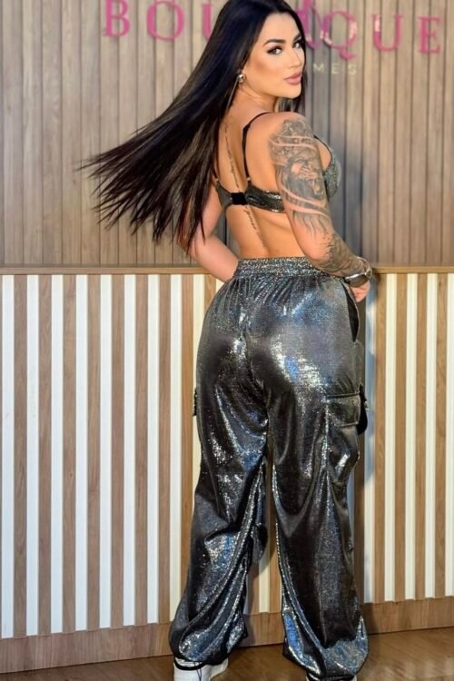 Calça Metalizada Cargo Prata (2 formas: wide leg e jogger)